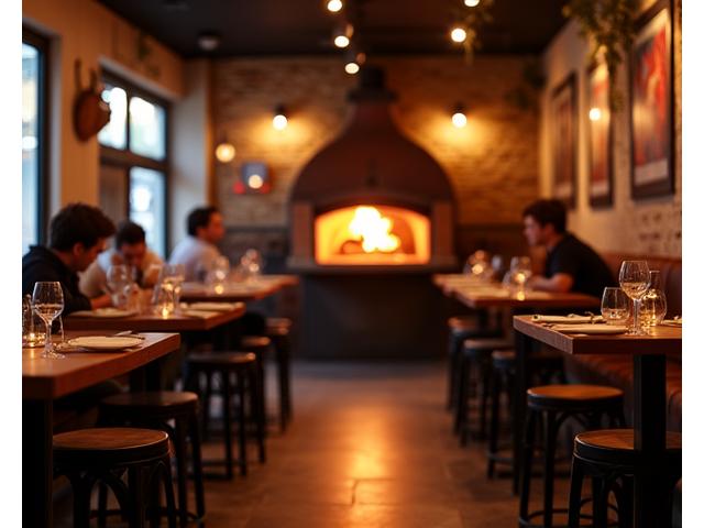 Intérieur chaleureux de La Bella Pizza, avec un four à bois.