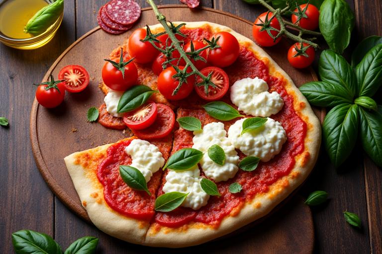 Gros plan d'ingrédients frais et colorés pour la pizza, comme des tomates, du basilic et de la mozzarella de bufflonne