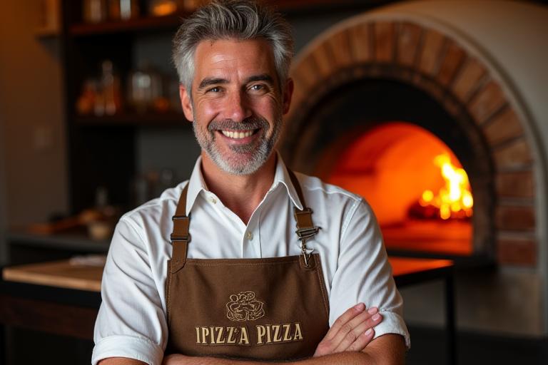 Olivier, le fondateur de La Bella Pizza, souriant devant son four à pizza traditionnel