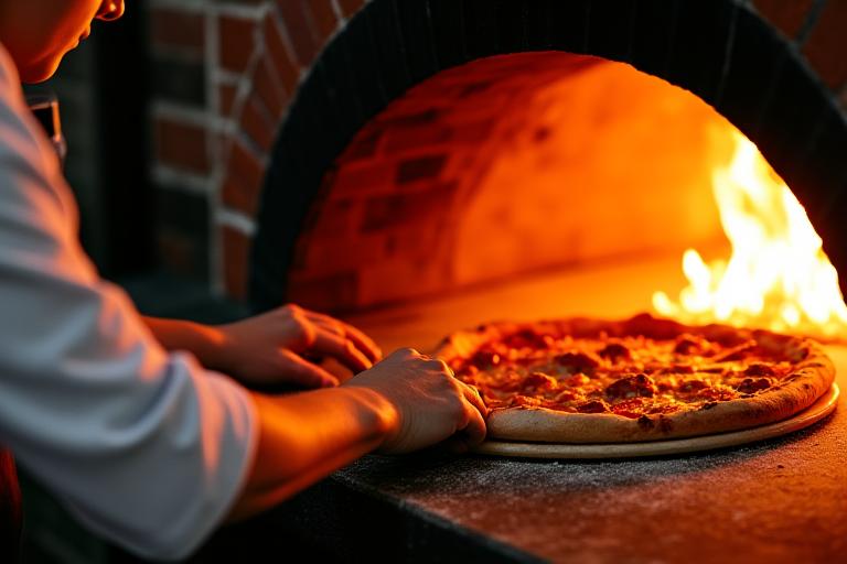 Pizzaiolo expérimenté enfournant une pizza dans un grand four à bois fumant