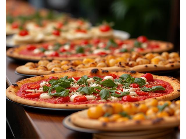 Buffet traiteur élégant avec des pizzas et des plats italiens variés pour un événement d'entreprise.