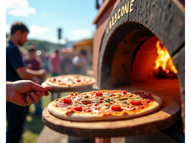 Four à pizza mobile La Bella Pizza en action lors d'un festival, avec des pizzas fumantes.