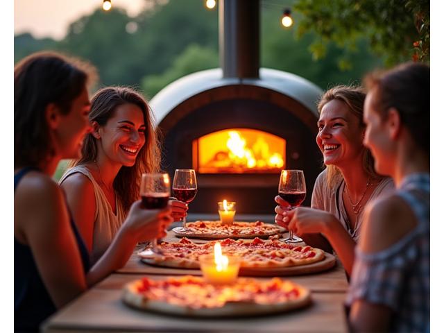 Ambiance conviviale autour du four à pizza mobile, avec des amis et de la famille appréciant les pizzas.